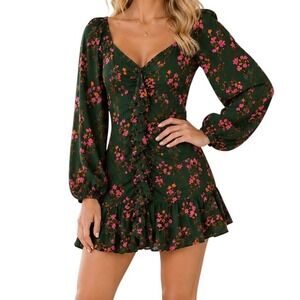 Caballero Green Floral Mini Dress Womens‎ XS Ruched Ruffle Puff Sleeve